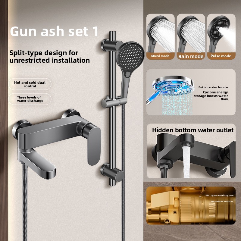 Plumbing - ชุดก๊อกน้ำฝักบัวทองแดงทั้งหมด พร้อมวาล์วผสมสามทาง ระบบฝักบัวในห้องน้ำ ชุดหัวฝักบัวและด้ามจับ สีเงินเทา