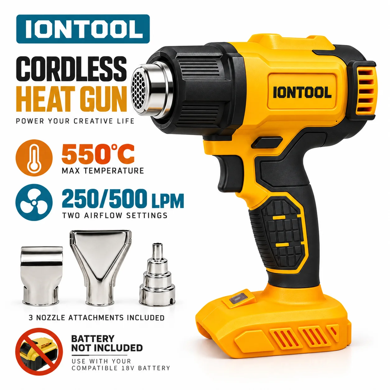 Cordless Heat Gun For Shrink Tubing - ไอออนทูล ปืนลมร้อนไร้สาย สีเหลือง 550 ℃ สำหรับการหดท่อเพื่อซีล