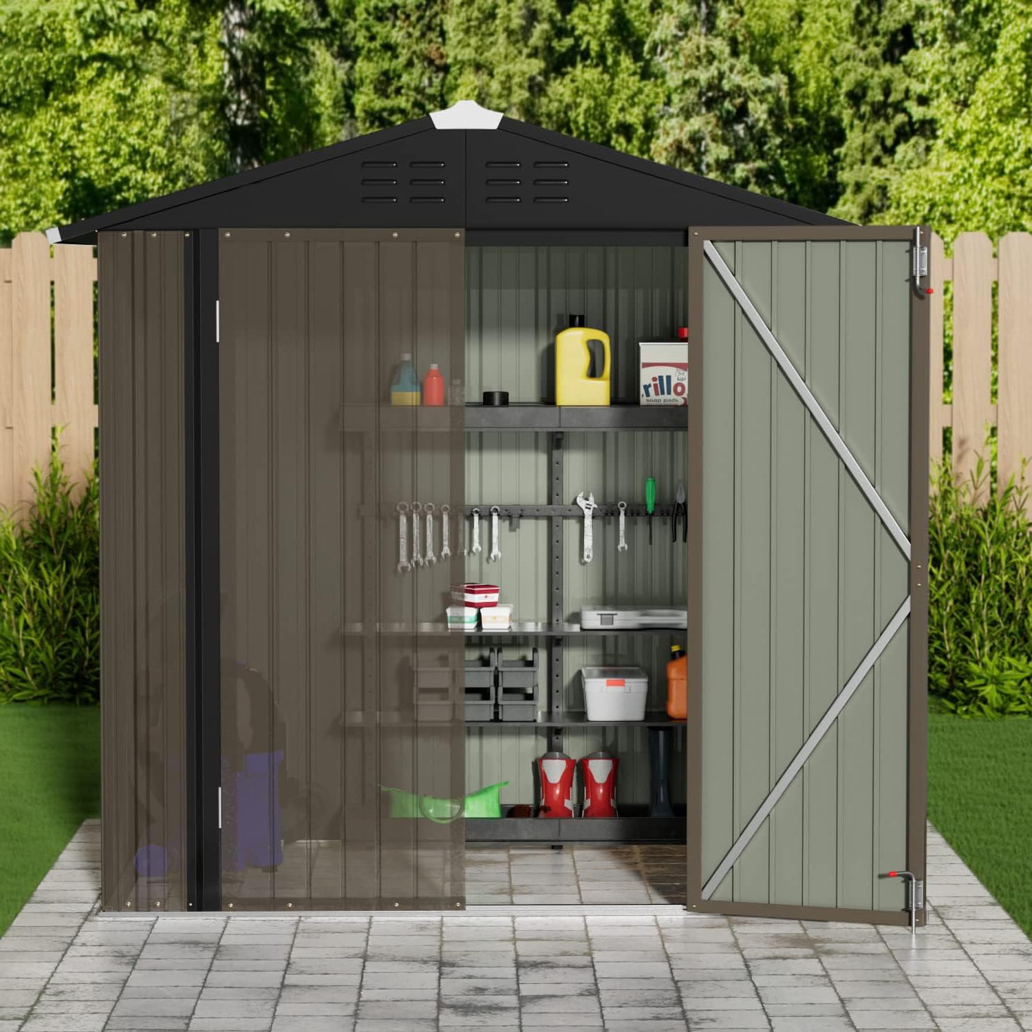 Garden Tools - โรงเก็บของกลางแจ้งโลหะ ขนาด 6x4 ฟุต ทนทานต่อสภาพอากาศ โรงเก็บเครื่องมือทำสวนในสวนหลังบ้าน